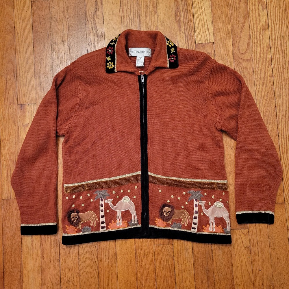 Victoria Harbour Novelty Sweater Medium Desert Camel Lion‎ Zip Up Fall Autumn